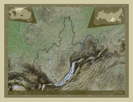 Photo for Irkutsk, region of Russia. Elevation map colored in wiki style with lakes and rivers. Locations and names of major cities of the region. Corner auxiliary location maps - Royalty Free Image