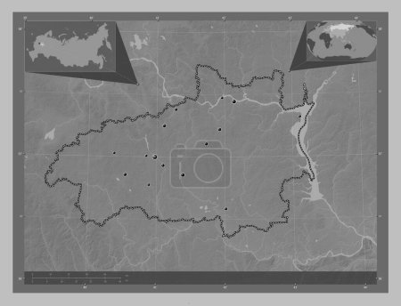 Photo for Ivanovo, region of Russia. Grayscale elevation map with lakes and rivers. Locations of major cities of the region. Corner auxiliary location maps - Royalty Free Image
