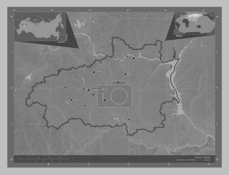 Photo for Ivanovo, region of Russia. Grayscale elevation map with lakes and rivers. Locations and names of major cities of the region. Corner auxiliary location maps - Royalty Free Image
