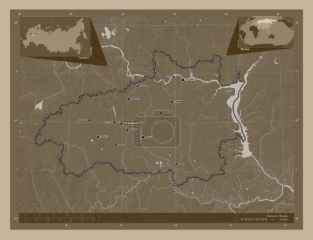 Photo for Ivanovo, region of Russia. Elevation map colored in sepia tones with lakes and rivers. Locations and names of major cities of the region. Corner auxiliary location maps - Royalty Free Image