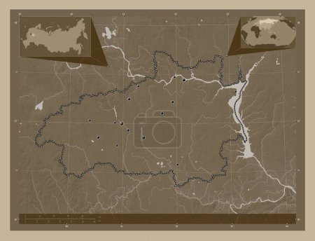 Photo for Ivanovo, region of Russia. Elevation map colored in sepia tones with lakes and rivers. Locations of major cities of the region. Corner auxiliary location maps - Royalty Free Image
