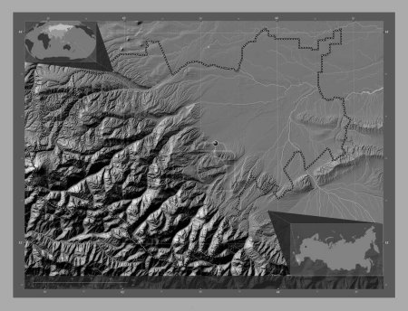 Photo for Kabardin-Balkar, republic of Russia. Bilevel elevation map with lakes and rivers. Corner auxiliary location maps - Royalty Free Image