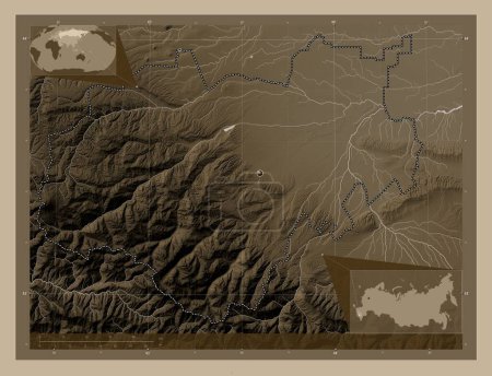 Photo for Kabardin-Balkar, republic of Russia. Elevation map colored in sepia tones with lakes and rivers. Corner auxiliary location maps - Royalty Free Image