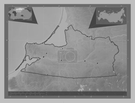 Téléchargez les photos : Kaliningrad, region of Russia. Grayscale elevation map with lakes and rivers. Locations of major cities of the region. Corner auxiliary location maps - en image libre de droit
