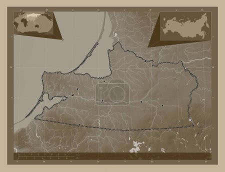 Photo for Kaliningrad, region of Russia. Elevation map colored in sepia tones with lakes and rivers. Locations of major cities of the region. Corner auxiliary location maps - Royalty Free Image