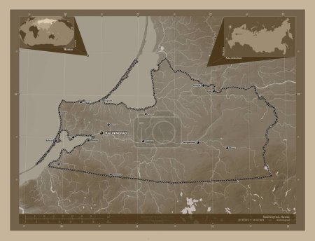 Photo for Kaliningrad, region of Russia. Elevation map colored in sepia tones with lakes and rivers. Locations and names of major cities of the region. Corner auxiliary location maps - Royalty Free Image