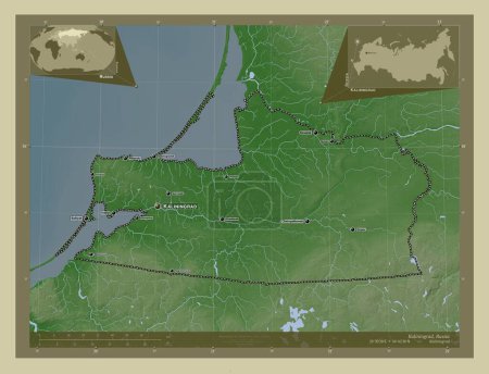 Photo for Kaliningrad, region of Russia. Elevation map colored in wiki style with lakes and rivers. Locations and names of major cities of the region. Corner auxiliary location maps - Royalty Free Image