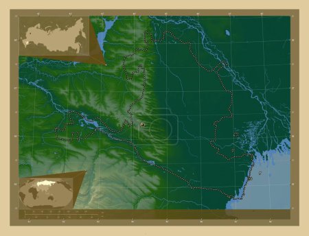 Téléchargez les photos : Kalmyk, republic of Russia. Colored elevation map with lakes and rivers. Corner auxiliary location maps - en image libre de droit