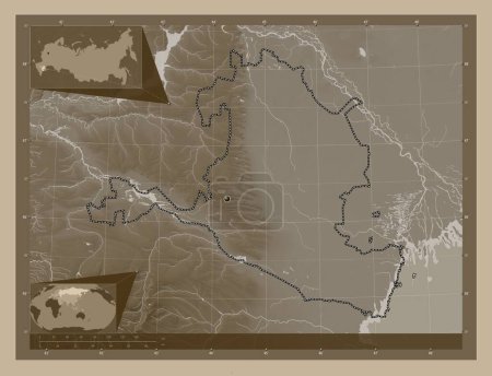 Photo for Kalmyk, republic of Russia. Elevation map colored in sepia tones with lakes and rivers. Corner auxiliary location maps - Royalty Free Image