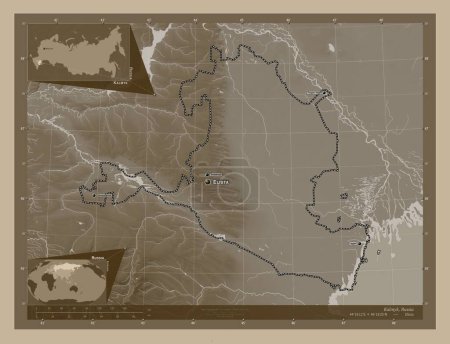 Photo for Kalmyk, republic of Russia. Elevation map colored in sepia tones with lakes and rivers. Locations and names of major cities of the region. Corner auxiliary location maps - Royalty Free Image