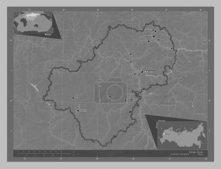 Photo for Kaluga, region of Russia. Grayscale elevation map with lakes and rivers. Locations and names of major cities of the region. Corner auxiliary location maps - Royalty Free Image