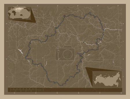 Photo for Kaluga, region of Russia. Elevation map colored in sepia tones with lakes and rivers. Corner auxiliary location maps - Royalty Free Image