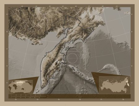 Foto de Kamchatka, territory of Russia. Elevation map colored in sepia tones with lakes and rivers. Locations of major cities of the region. Corner auxiliary location maps - Imagen libre de derechos