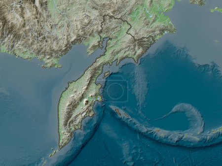 Foto de Kamchatka, territory of Russia. Elevation map colored in wiki style with lakes and rivers - Imagen libre de derechos