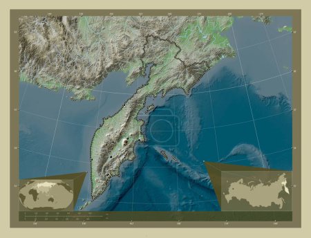 Photo for Kamchatka, territory of Russia. Elevation map colored in wiki style with lakes and rivers. Locations of major cities of the region. Corner auxiliary location maps - Royalty Free Image