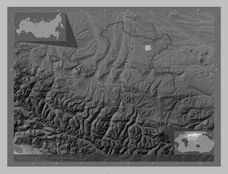 Téléchargez les photos : Karachay-Cherkess, republic of Russia. Grayscale elevation map with lakes and rivers. Locations of major cities of the region. Corner auxiliary location maps - en image libre de droit