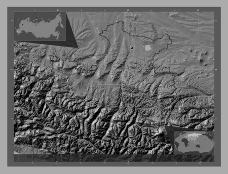 Photo for Karachay-Cherkess, republic of Russia. Bilevel elevation map with lakes and rivers. Corner auxiliary location maps - Royalty Free Image