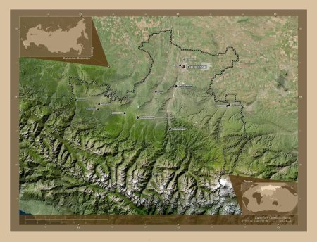 Photo for Karachay-Cherkess, republic of Russia. Low resolution satellite map. Locations and names of major cities of the region. Corner auxiliary location maps - Royalty Free Image