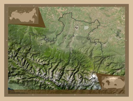 Foto de Karachay-Cherkess, republic of Russia. Low resolution satellite map. Locations of major cities of the region. Corner auxiliary location maps - Imagen libre de derechos