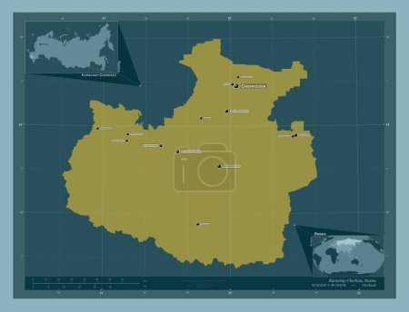 Foto de Karachay-Cherkess, republic of Russia. Solid color shape. Locations and names of major cities of the region. Corner auxiliary location maps - Imagen libre de derechos