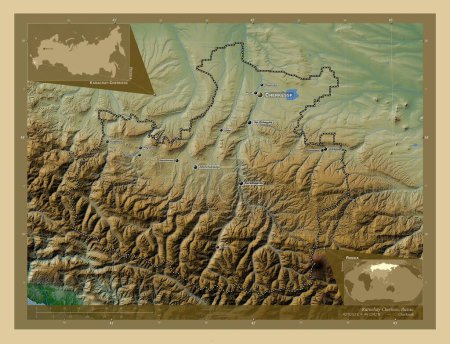 Photo for Karachay-Cherkess, republic of Russia. Colored elevation map with lakes and rivers. Locations and names of major cities of the region. Corner auxiliary location maps - Royalty Free Image