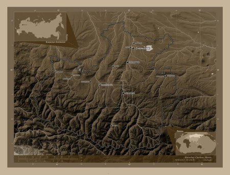 Photo for Karachay-Cherkess, republic of Russia. Elevation map colored in sepia tones with lakes and rivers. Locations and names of major cities of the region. Corner auxiliary location maps - Royalty Free Image