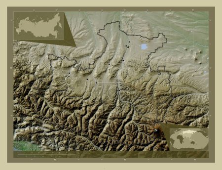 Photo for Karachay-Cherkess, republic of Russia. Elevation map colored in wiki style with lakes and rivers. Locations of major cities of the region. Corner auxiliary location maps - Royalty Free Image