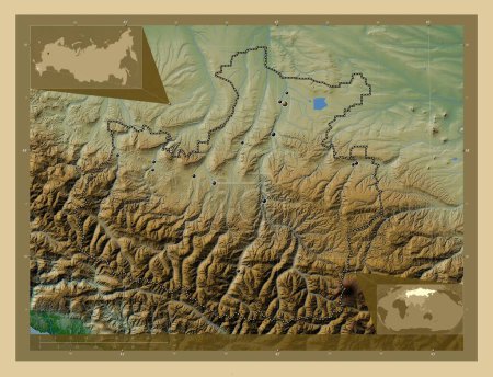 Téléchargez les photos : Karachay-Cherkess, republic of Russia. Colored elevation map with lakes and rivers. Locations of major cities of the region. Corner auxiliary location maps - en image libre de droit