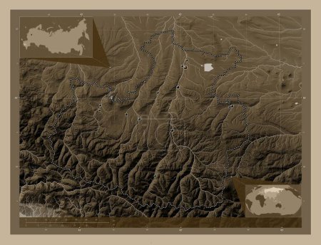 Foto de Karachay-Cherkess, republic of Russia. Elevation map colored in sepia tones with lakes and rivers. Locations of major cities of the region. Corner auxiliary location maps - Imagen libre de derechos