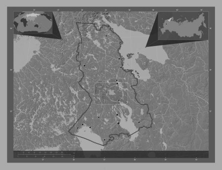 Photo for Karelia, republic of Russia. Bilevel elevation map with lakes and rivers. Locations of major cities of the region. Corner auxiliary location maps - Royalty Free Image