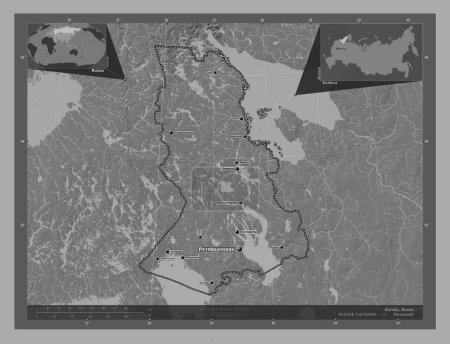 Photo for Karelia, republic of Russia. Bilevel elevation map with lakes and rivers. Locations and names of major cities of the region. Corner auxiliary location maps - Royalty Free Image