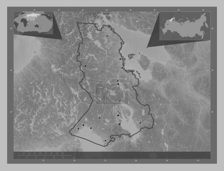Photo for Karelia, republic of Russia. Grayscale elevation map with lakes and rivers. Locations of major cities of the region. Corner auxiliary location maps - Royalty Free Image