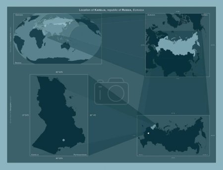 Photo for Karelia, republic of Russia. Diagram showing the location of the region on larger-scale maps. Composition of vector frames and PNG shapes on a solid background - Royalty Free Image