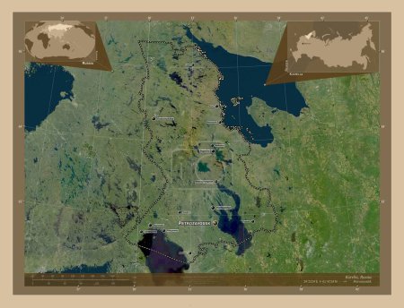Photo for Karelia, republic of Russia. Low resolution satellite map. Locations and names of major cities of the region. Corner auxiliary location maps - Royalty Free Image