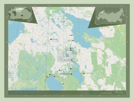 Téléchargez les photos : Karelia, republic of Russia. Open Street Map. Locations and names of major cities of the region. Corner auxiliary location maps - en image libre de droit