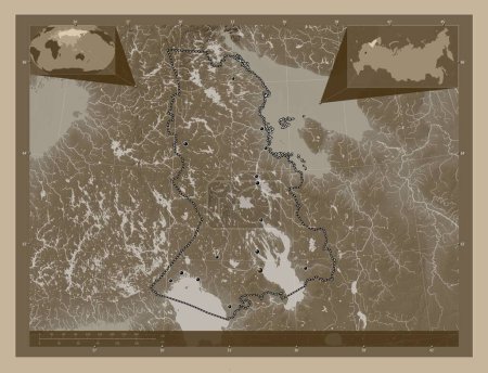 Photo for Karelia, republic of Russia. Elevation map colored in sepia tones with lakes and rivers. Locations of major cities of the region. Corner auxiliary location maps - Royalty Free Image