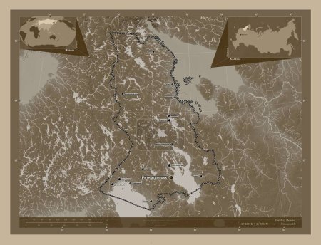 Photo for Karelia, republic of Russia. Elevation map colored in sepia tones with lakes and rivers. Locations and names of major cities of the region. Corner auxiliary location maps - Royalty Free Image