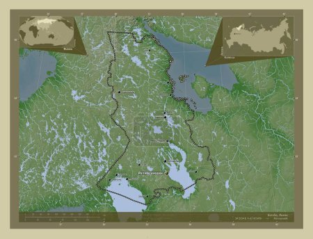 Photo for Karelia, republic of Russia. Elevation map colored in wiki style with lakes and rivers. Locations and names of major cities of the region. Corner auxiliary location maps - Royalty Free Image