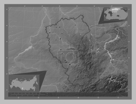 Téléchargez les photos : Kemerovo, region of Russia. Grayscale elevation map with lakes and rivers. Locations of major cities of the region. Corner auxiliary location maps - en image libre de droit