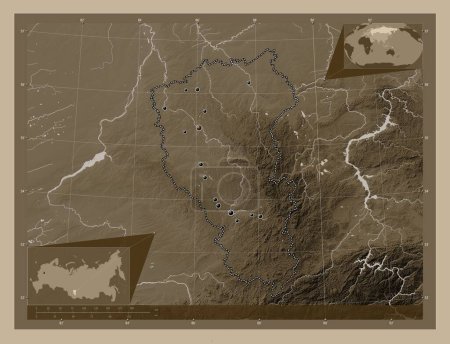 Téléchargez les photos : Kemerovo, region of Russia. Elevation map colored in sepia tones with lakes and rivers. Locations of major cities of the region. Corner auxiliary location maps - en image libre de droit