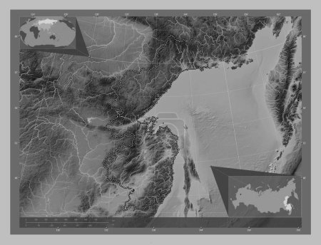 Foto de Khabarovsk, territory of Russia. Grayscale elevation map with lakes and rivers. Corner auxiliary location maps - Imagen libre de derechos