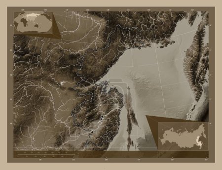 Téléchargez les photos : Khabarovsk, territory of Russia. Elevation map colored in sepia tones with lakes and rivers. Locations of major cities of the region. Corner auxiliary location maps - en image libre de droit