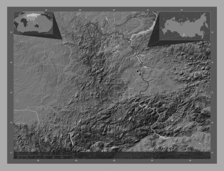 Photo for Khakass, republic of Russia. Bilevel elevation map with lakes and rivers. Locations of major cities of the region. Corner auxiliary location maps - Royalty Free Image