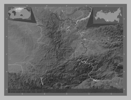 Photo for Khakass, republic of Russia. Grayscale elevation map with lakes and rivers. Corner auxiliary location maps - Royalty Free Image