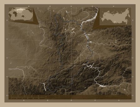 Photo for Khakass, republic of Russia. Elevation map colored in sepia tones with lakes and rivers. Corner auxiliary location maps - Royalty Free Image