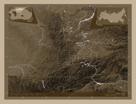 Téléchargez les photos : Khakass, republic of Russia. Elevation map colored in sepia tones with lakes and rivers. Locations and names of major cities of the region. Corner auxiliary location maps - en image libre de droit