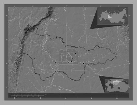 Téléchargez les photos : Khanty-Mansiy, autonomous province of Russia. Bilevel elevation map with lakes and rivers. Locations of major cities of the region. Corner auxiliary location maps - en image libre de droit