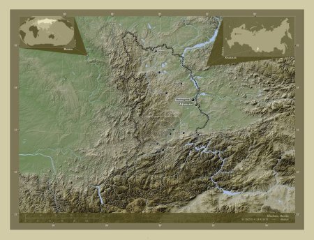Photo for Khakass, republic of Russia. Elevation map colored in wiki style with lakes and rivers. Locations and names of major cities of the region. Corner auxiliary location maps - Royalty Free Image