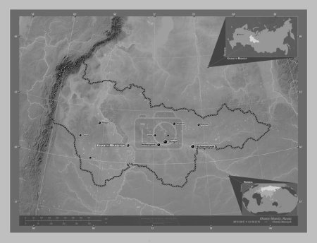 Photo for Khanty-Mansiy, autonomous province of Russia. Grayscale elevation map with lakes and rivers. Locations and names of major cities of the region. Corner auxiliary location maps - Royalty Free Image