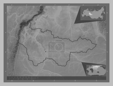 Téléchargez les photos : Khanty-Mansiy, autonomous province of Russia. Grayscale elevation map with lakes and rivers. Corner auxiliary location maps - en image libre de droit